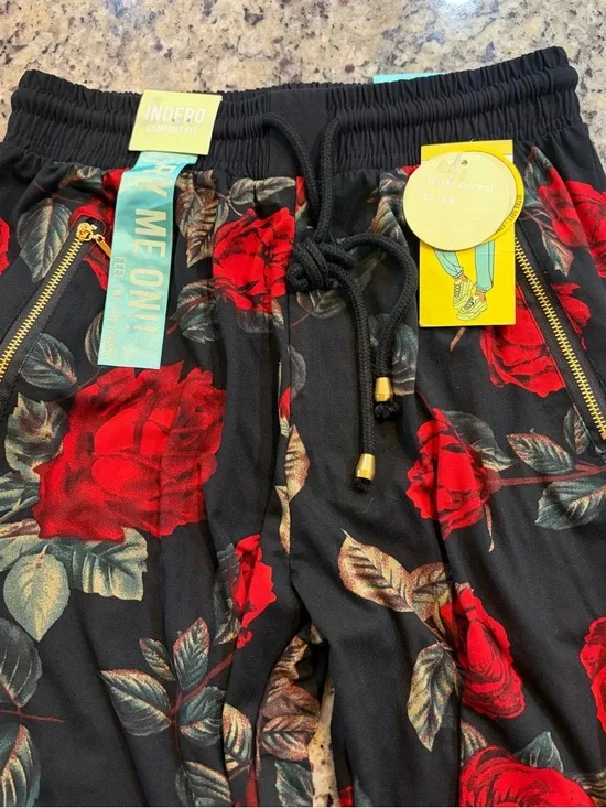Floral Red Rose Print Black Jogger Pants - Picture 3 of 5